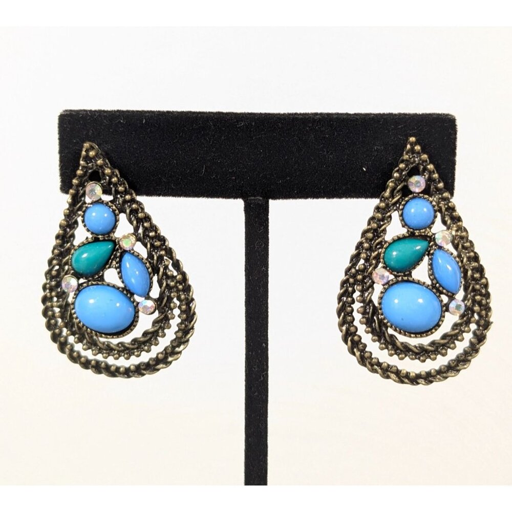Beachy Boho Bronze Tone Teardrop Earrings Blue‎ Cabcohon Pierced Statement